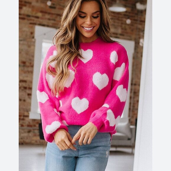 Altar'd State Hot Pink Sweater with white Hearts - Picture 1 of 5